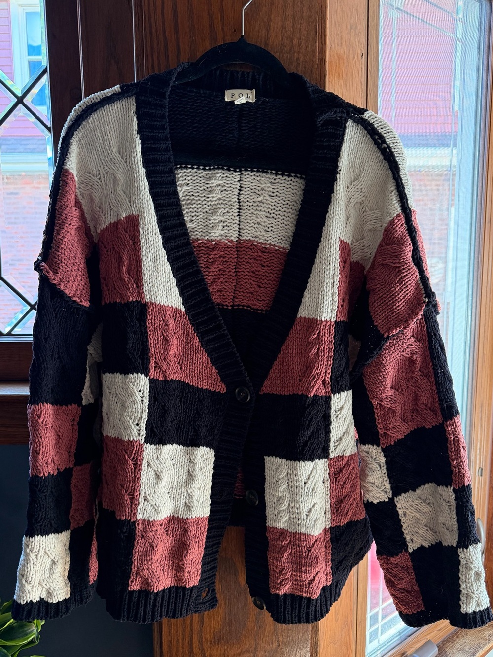 POL Colorblock Cable Knit Cardigan Pink Black Cream Size L NWOT